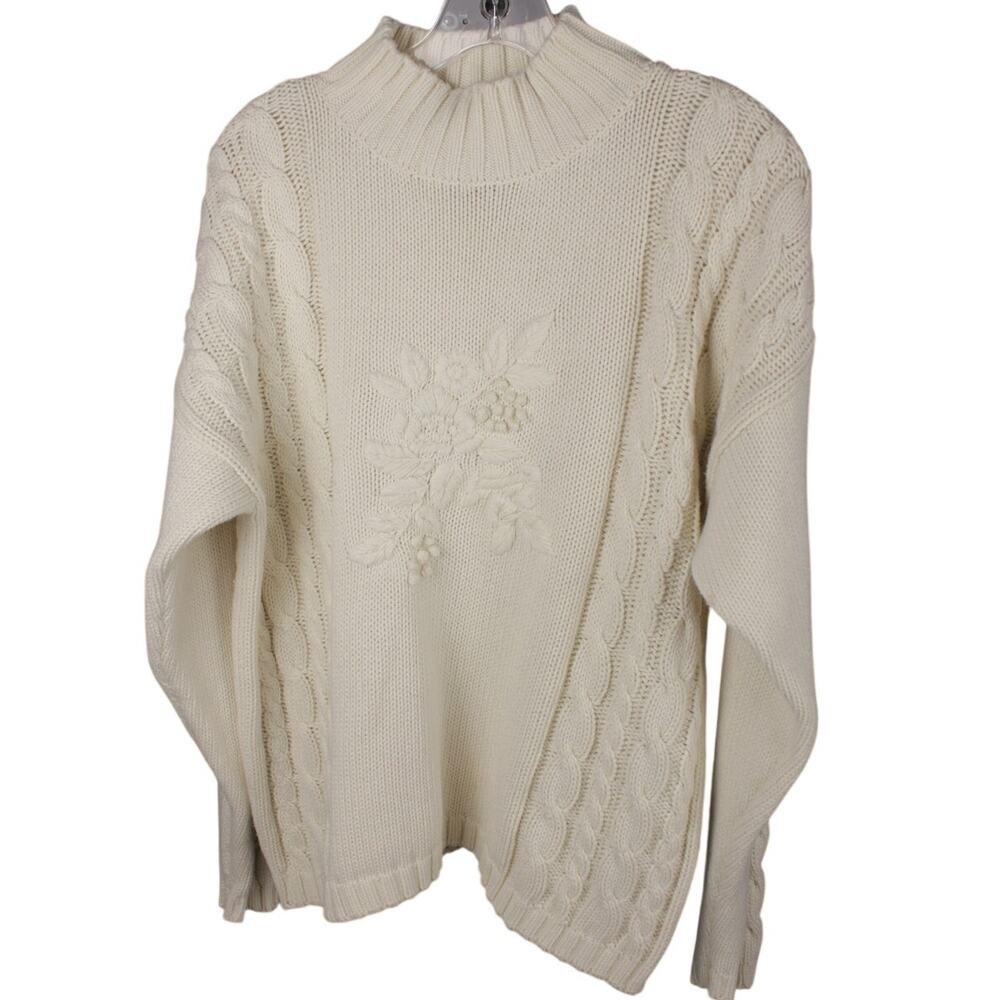Eddie Bauer Cream Sweater Small Pullover Floral 3D Embroidery Cottagecore - Picture 1 of 11